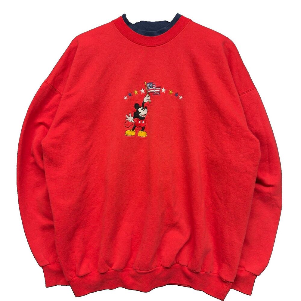 Vintage 90s Disney Mickey Mouse USA Patriotic Sweatshirt Red Crewneck Mens XL